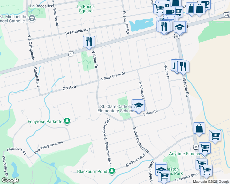 map of restaurants, bars, coffee shops, grocery stores, and more near 98 Cartwright Boulevard in Vaughan