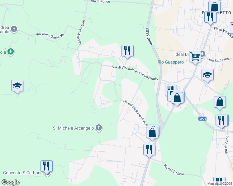 map of restaurants, bars, coffee shops, grocery stores, and more near 676 Via del Cimitero di Vicopelago in Lucca