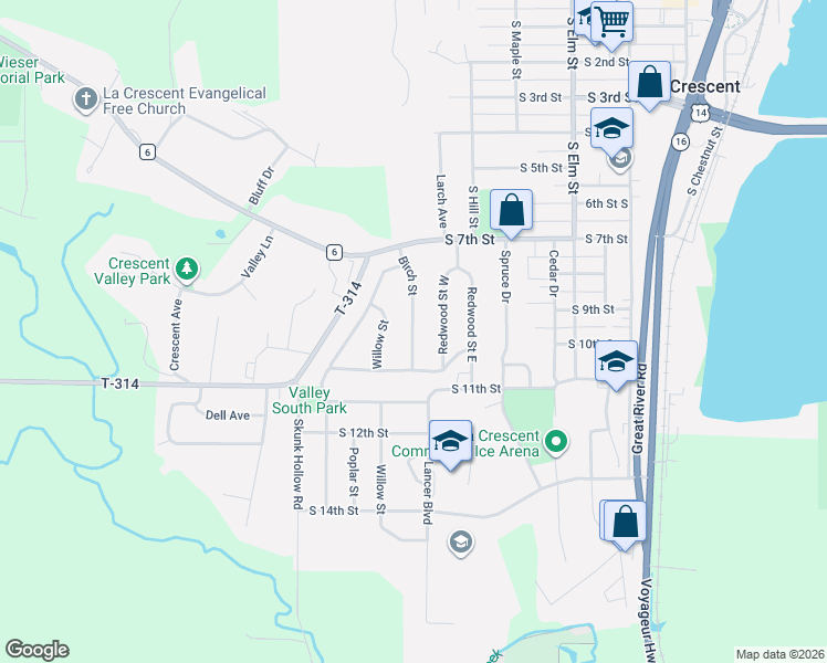map of restaurants, bars, coffee shops, grocery stores, and more near 921 Birch Street in La Crescent