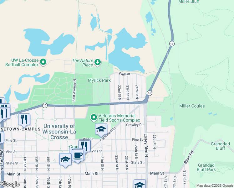 map of restaurants, bars, coffee shops, grocery stores, and more near 724 22nd Street North in La Crosse