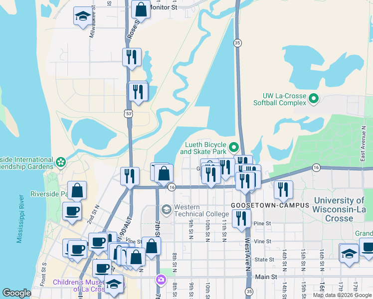map of restaurants, bars, coffee shops, grocery stores, and more near 731 9th Street North in La Crosse
