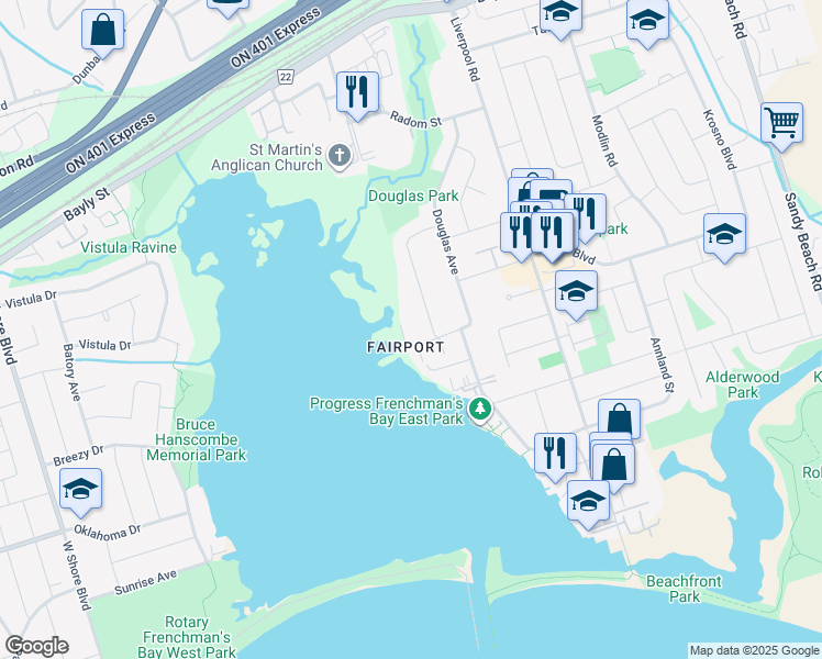map of restaurants, bars, coffee shops, grocery stores, and more near 805 Saint Martins Drive in Pickering