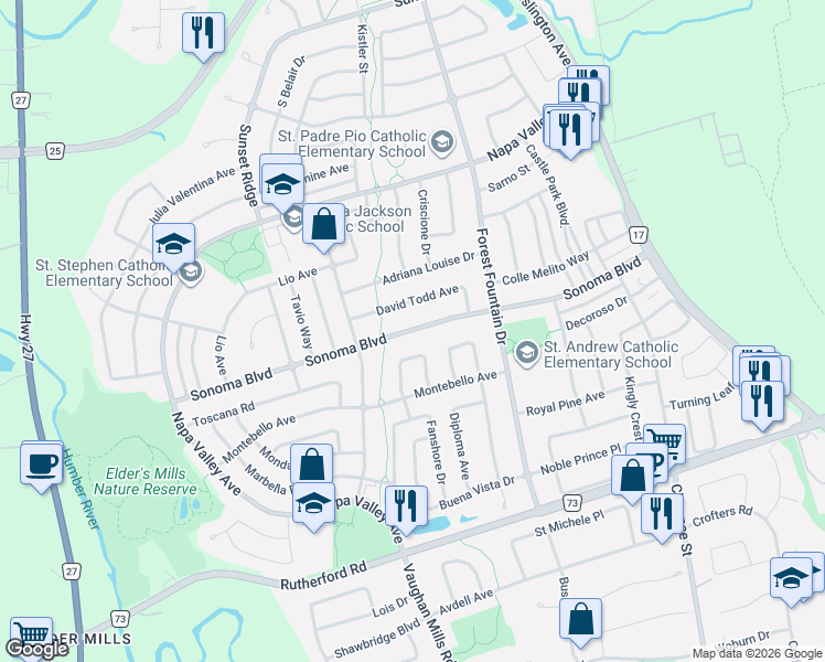 map of restaurants, bars, coffee shops, grocery stores, and more near 251 Sonoma Boulevard in Vaughan