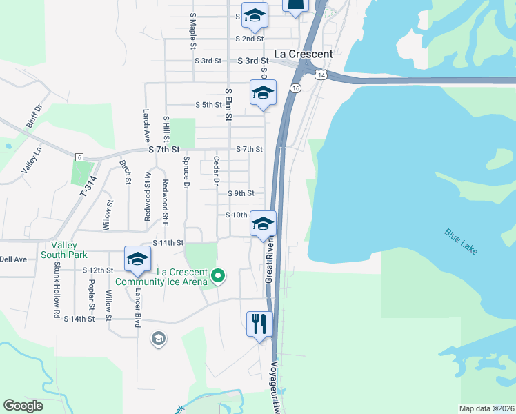 map of restaurants, bars, coffee shops, grocery stores, and more near 916 South Oak Street in La Crescent