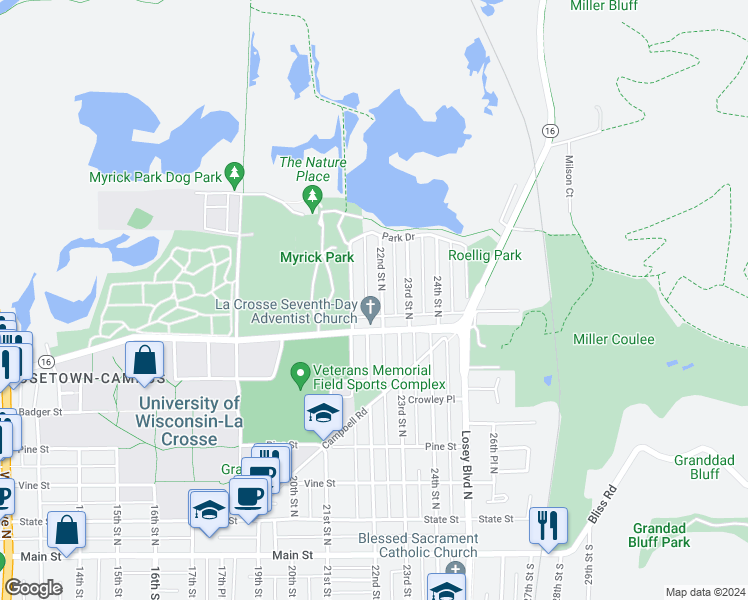 map of restaurants, bars, coffee shops, grocery stores, and more near 735 22nd Street North in La Crosse