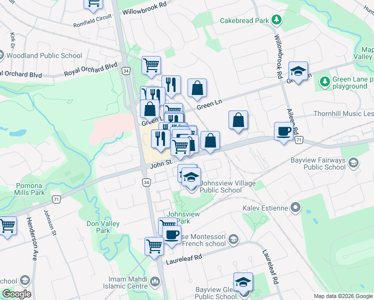 map of restaurants, bars, coffee shops, grocery stores, and more near 302 John Street in Markham
