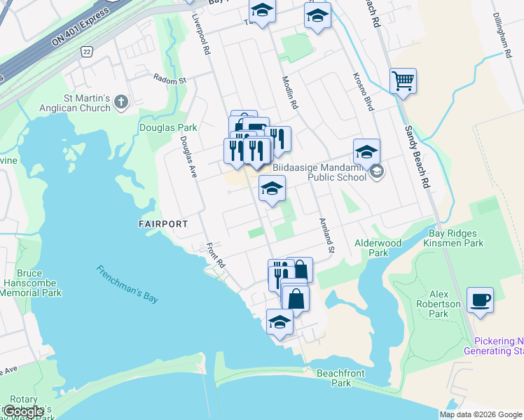 map of restaurants, bars, coffee shops, grocery stores, and more near 1308 Gull Crossing in Pickering