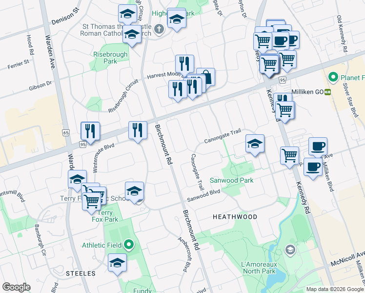 map of restaurants, bars, coffee shops, grocery stores, and more near in Toronto