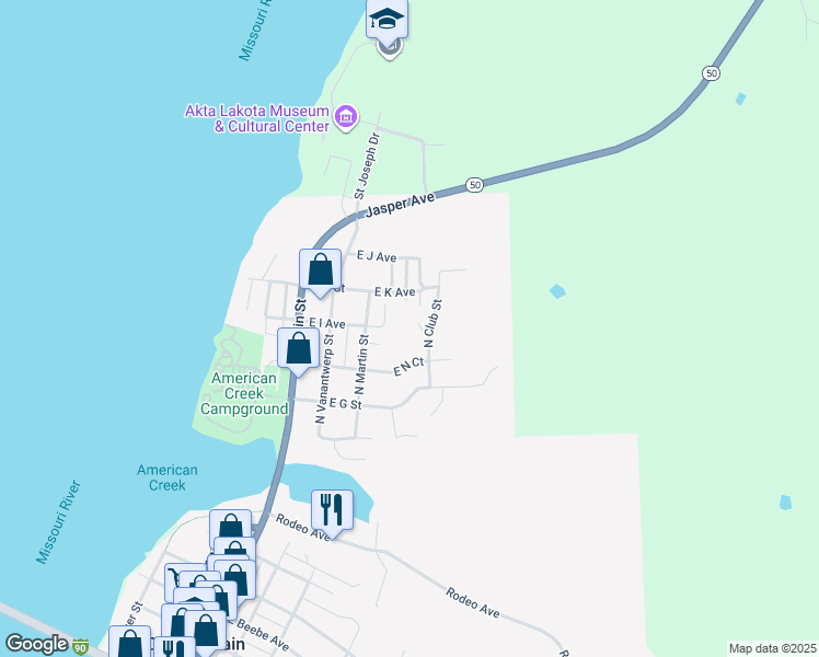 map of restaurants, bars, coffee shops, grocery stores, and more near 105 North Club Street in Chamberlain