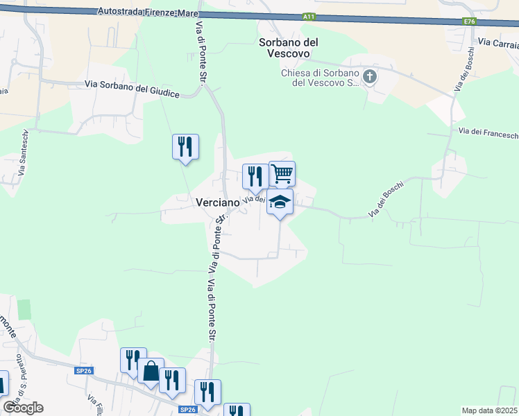 map of restaurants, bars, coffee shops, grocery stores, and more near 24 Via dei Boschi in Capannori