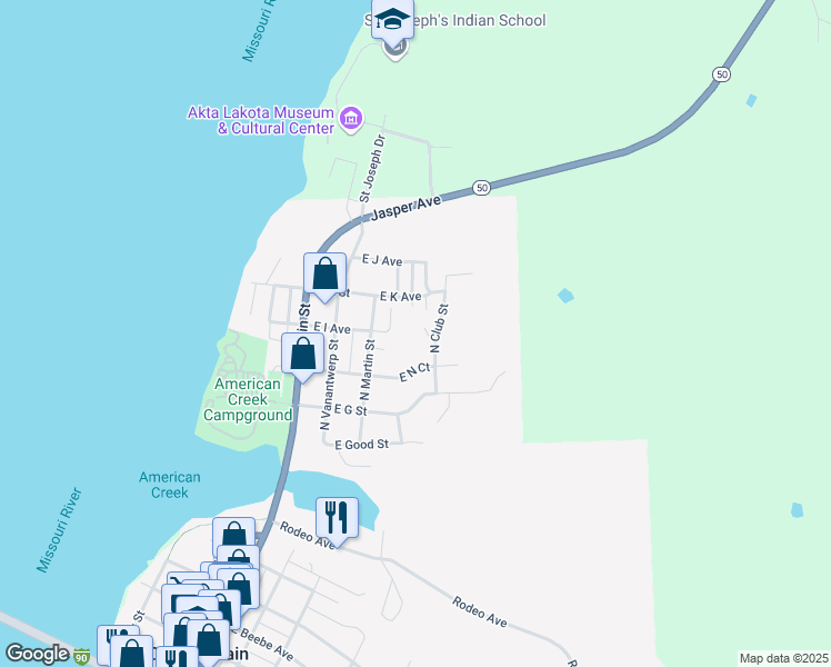 map of restaurants, bars, coffee shops, grocery stores, and more near 105 North Club Street in Chamberlain