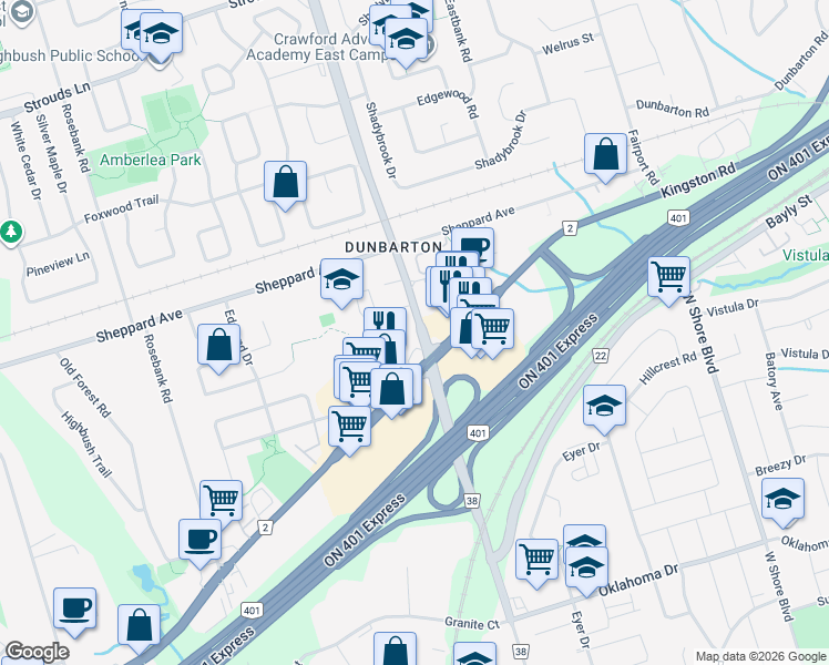 map of restaurants, bars, coffee shops, grocery stores, and more near 1460 Whites Road North in Pickering