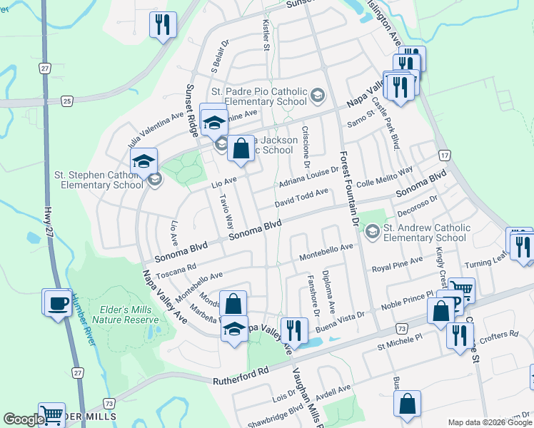 map of restaurants, bars, coffee shops, grocery stores, and more near 136 David Todd Avenue in Vaughan