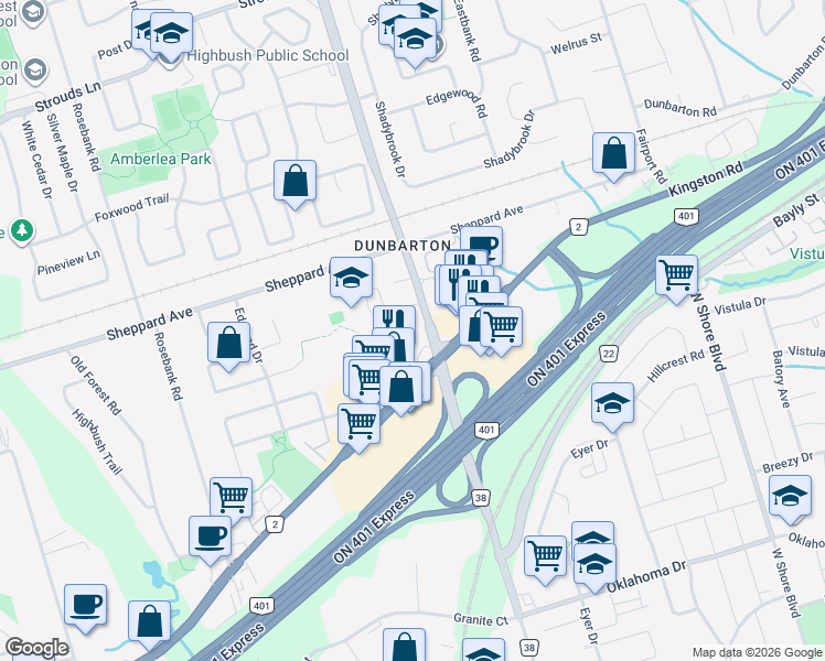 map of restaurants, bars, coffee shops, grocery stores, and more near in Pickering