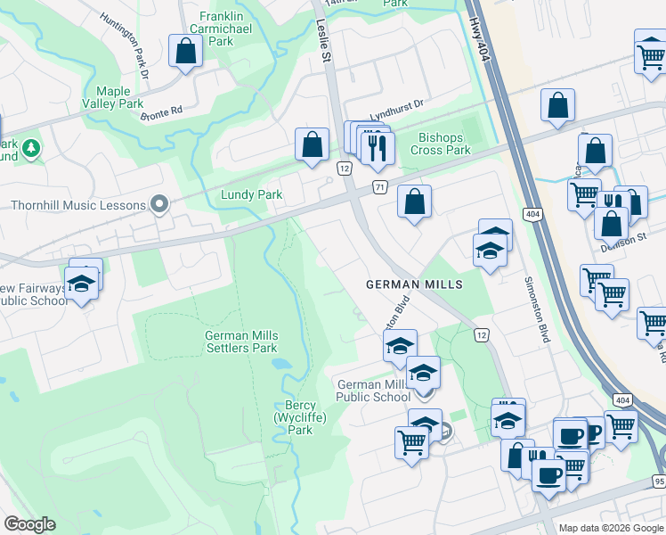 map of restaurants, bars, coffee shops, grocery stores, and more near 77 German Mills Road in Markham