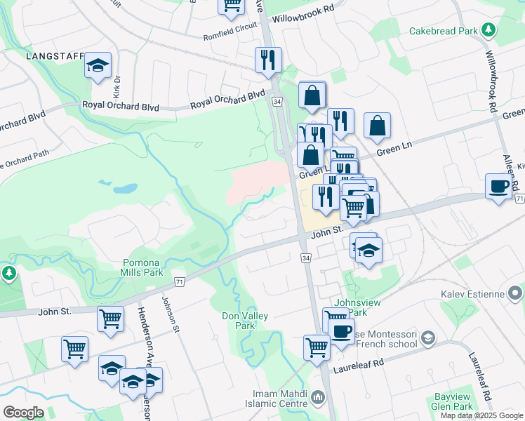 map of restaurants, bars, coffee shops, grocery stores, and more near 7700 Bayview Avenue in Markham