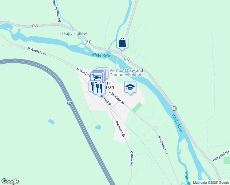 map of restaurants, bars, coffee shops, grocery stores, and more near 145 South Windsor Street in Royalton