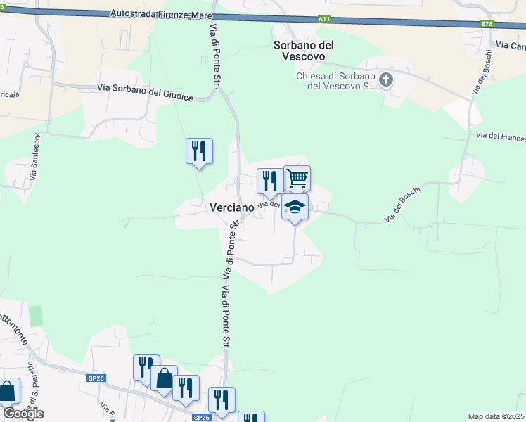 map of restaurants, bars, coffee shops, grocery stores, and more near 24 Via dei Boschi in Capannori