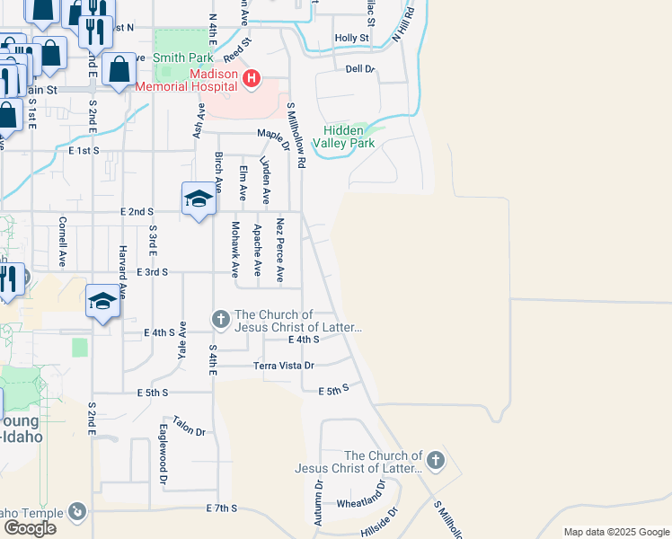 map of restaurants, bars, coffee shops, grocery stores, and more near 315 S Millhollow Rd in Rexburg