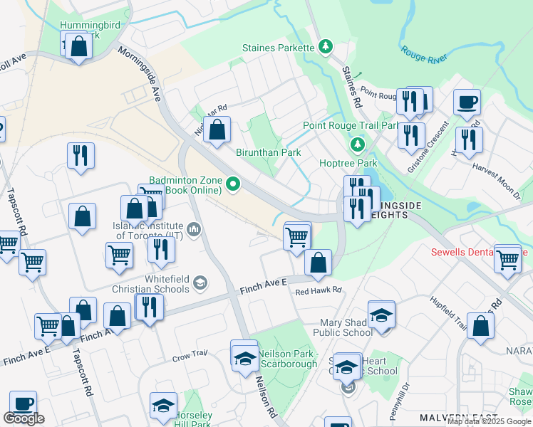 map of restaurants, bars, coffee shops, grocery stores, and more near 7610 Morningside Avenue in Toronto