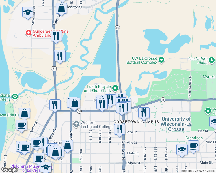 map of restaurants, bars, coffee shops, grocery stores, and more near 730 10th Street North in La Crosse