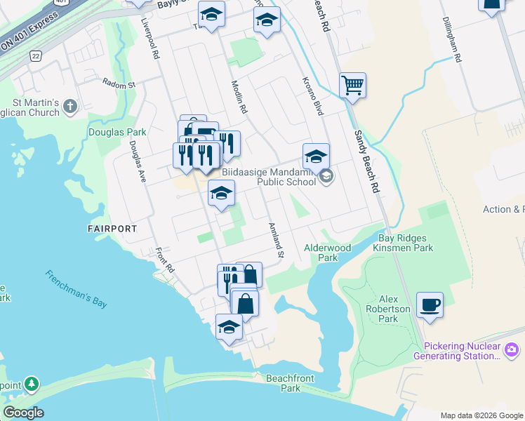 map of restaurants, bars, coffee shops, grocery stores, and more near 712 Annland Street in Pickering