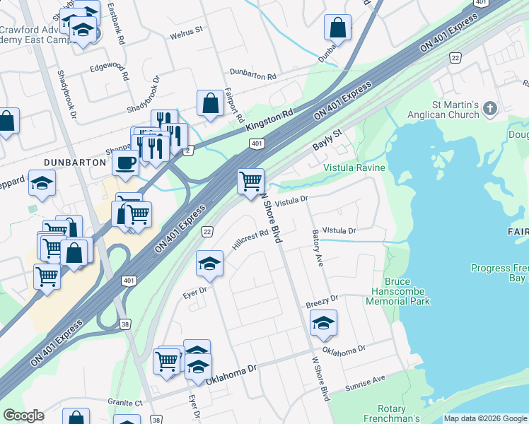 map of restaurants, bars, coffee shops, grocery stores, and more near 878 West Shore Boulevard in Pickering