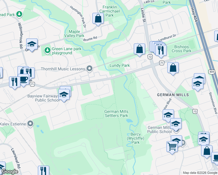 map of restaurants, bars, coffee shops, grocery stores, and more near 128 Cottonwood Court in Markham