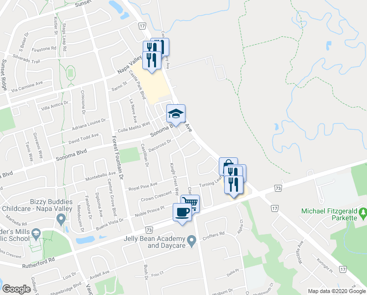 map of restaurants, bars, coffee shops, grocery stores, and more near 90 Ronan Crescent in Vaughan