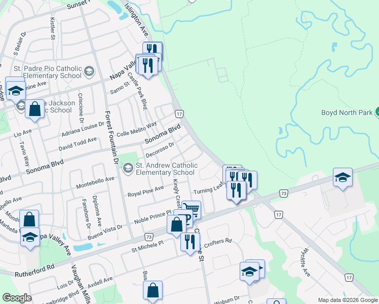 map of restaurants, bars, coffee shops, grocery stores, and more near 90 Ronan Crescent in Vaughan