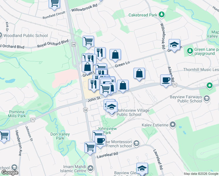 map of restaurants, bars, coffee shops, grocery stores, and more near 306 John Street in Markham