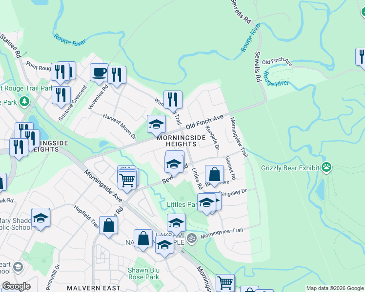 map of restaurants, bars, coffee shops, grocery stores, and more near 112 Littles Road in Toronto