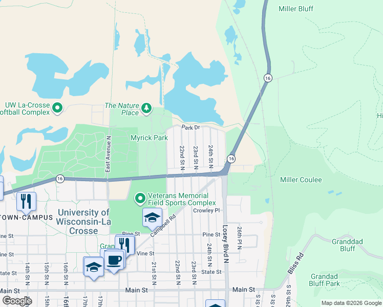 map of restaurants, bars, coffee shops, grocery stores, and more near 724 22nd Street North in La Crosse