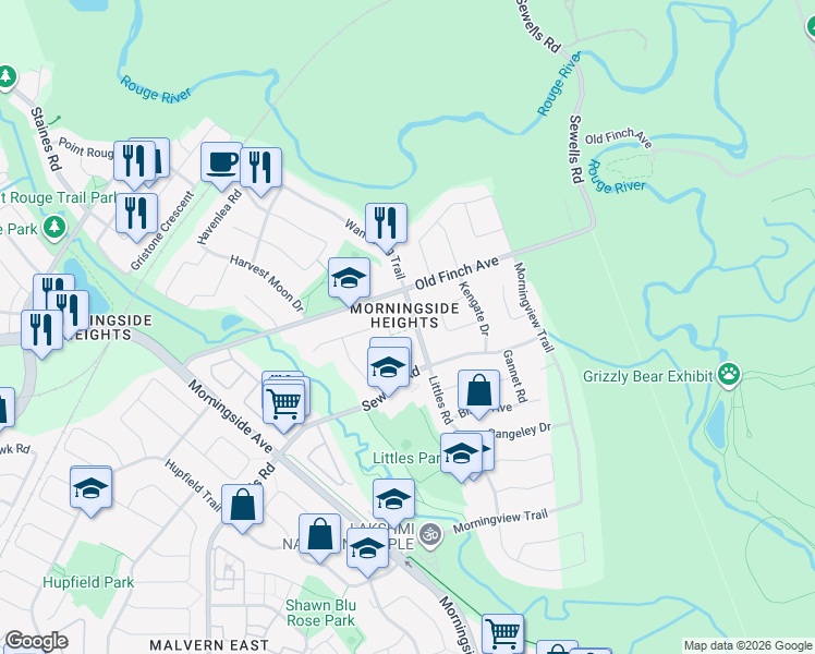 map of restaurants, bars, coffee shops, grocery stores, and more near 120 Littles Road in Toronto