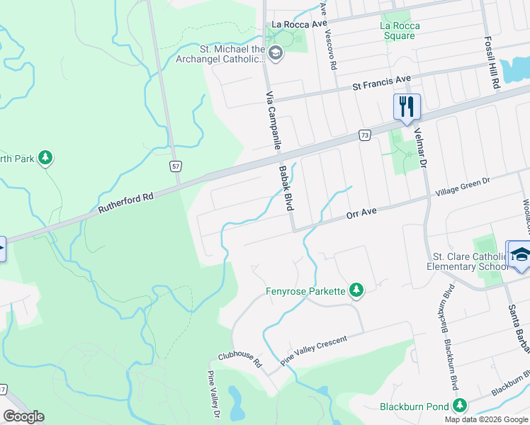 map of restaurants, bars, coffee shops, grocery stores, and more near 38 Pinemeadow Drive in Vaughan