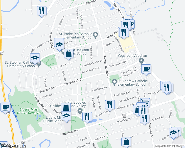 map of restaurants, bars, coffee shops, grocery stores, and more near 234 Sonoma Boulevard in Vaughan