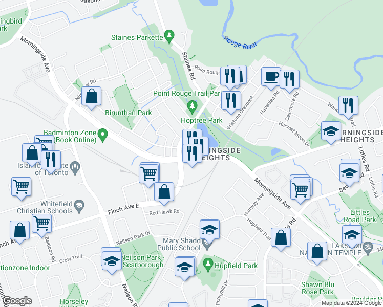 map of restaurants, bars, coffee shops, grocery stores, and more near 2153 Morningside Avenue in Toronto