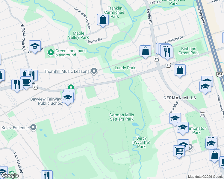 map of restaurants, bars, coffee shops, grocery stores, and more near 131 Cottonwood Court in Markham