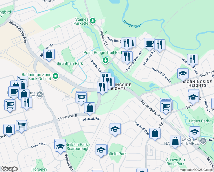 map of restaurants, bars, coffee shops, grocery stores, and more near 2143 Morningside Avenue in Toronto