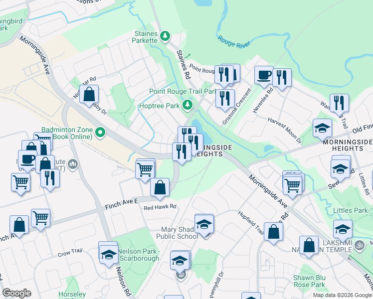 map of restaurants, bars, coffee shops, grocery stores, and more near 2153 Morningside Avenue in Toronto