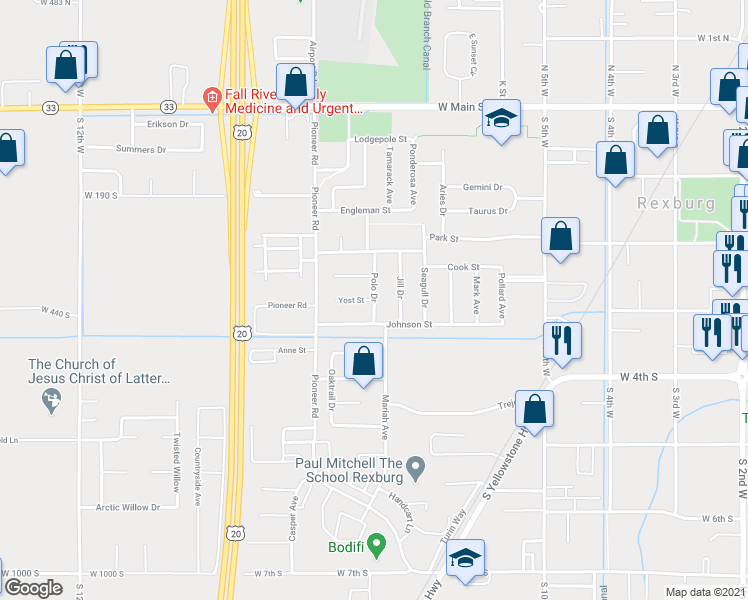 map of restaurants, bars, coffee shops, grocery stores, and more near Yost Street in Rexburg