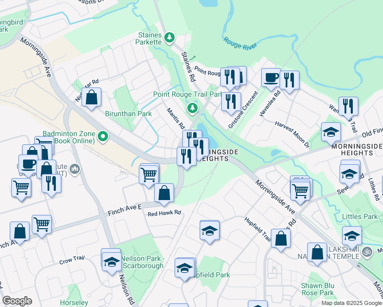 map of restaurants, bars, coffee shops, grocery stores, and more near 2143 Morningside Avenue in Toronto