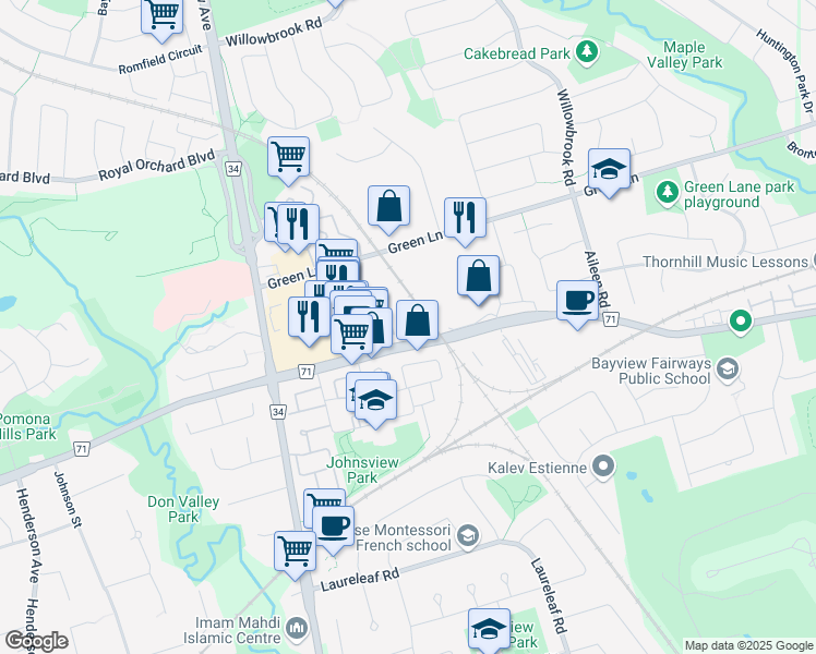 map of restaurants, bars, coffee shops, grocery stores, and more near 89 Bowman Way in Markham