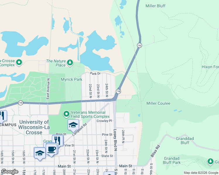 map of restaurants, bars, coffee shops, grocery stores, and more near in La Crosse