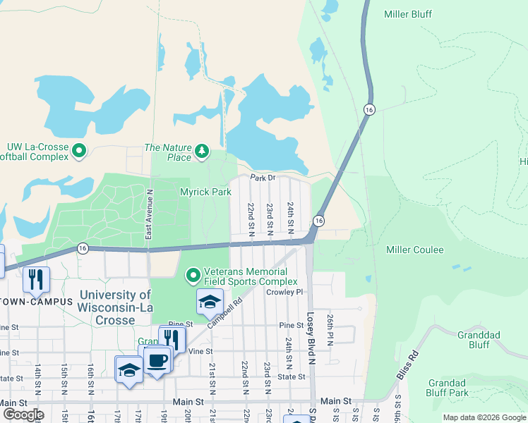 map of restaurants, bars, coffee shops, grocery stores, and more near 724 22nd Street North in La Crosse