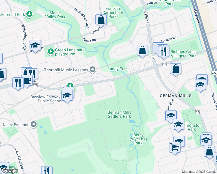 map of restaurants, bars, coffee shops, grocery stores, and more near 155 Cottonwood Court in Markham