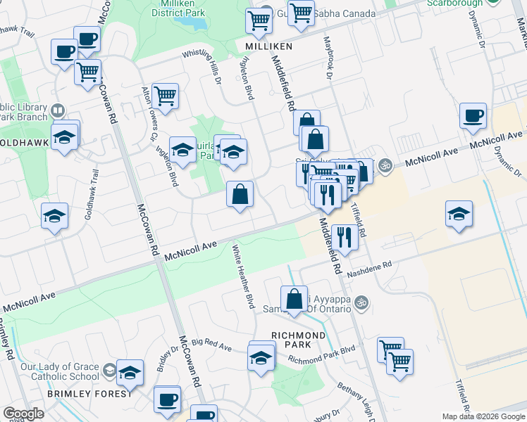 map of restaurants, bars, coffee shops, grocery stores, and more near 82 Maresfield Drive in Toronto