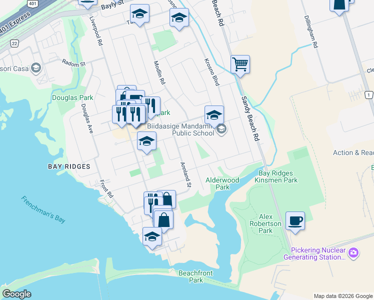 map of restaurants, bars, coffee shops, grocery stores, and more near 724 Balaton Avenue in Pickering
