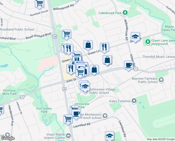map of restaurants, bars, coffee shops, grocery stores, and more near 310 John Street in Markham