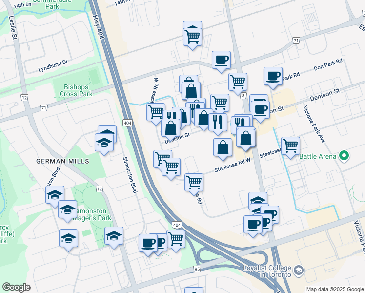 map of restaurants, bars, coffee shops, grocery stores, and more near 55 Denison Street in Markham
